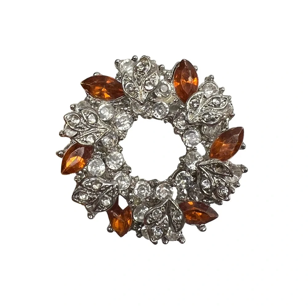 Vintage Silver Tone Wreath Brooch Amber Marquise Clear Rhinestone Leaf Pin 1.5in